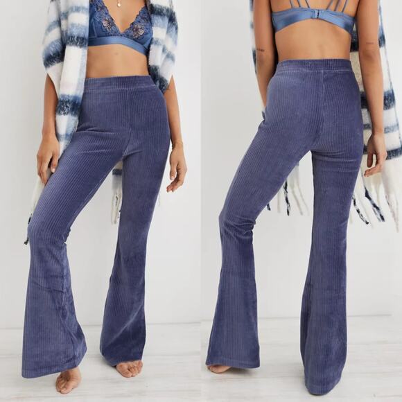 AERIE Pants L Blue Corduroy Flare Wide Stretch Pull-Up - Picture 2 of 14